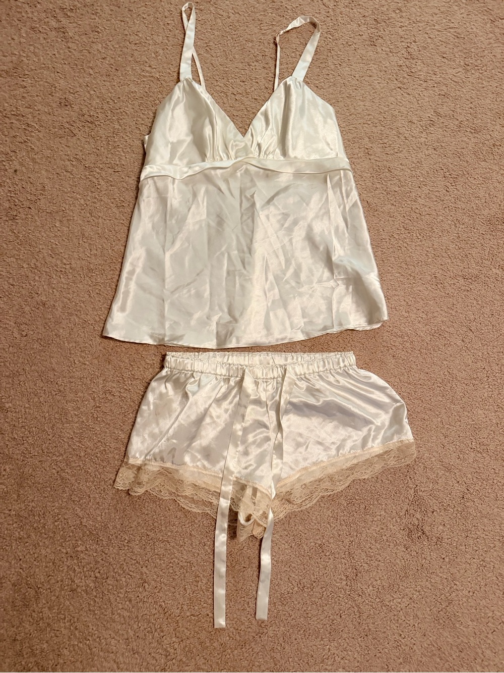 Silk-Look Cream Lace Trim Cami & Short Set